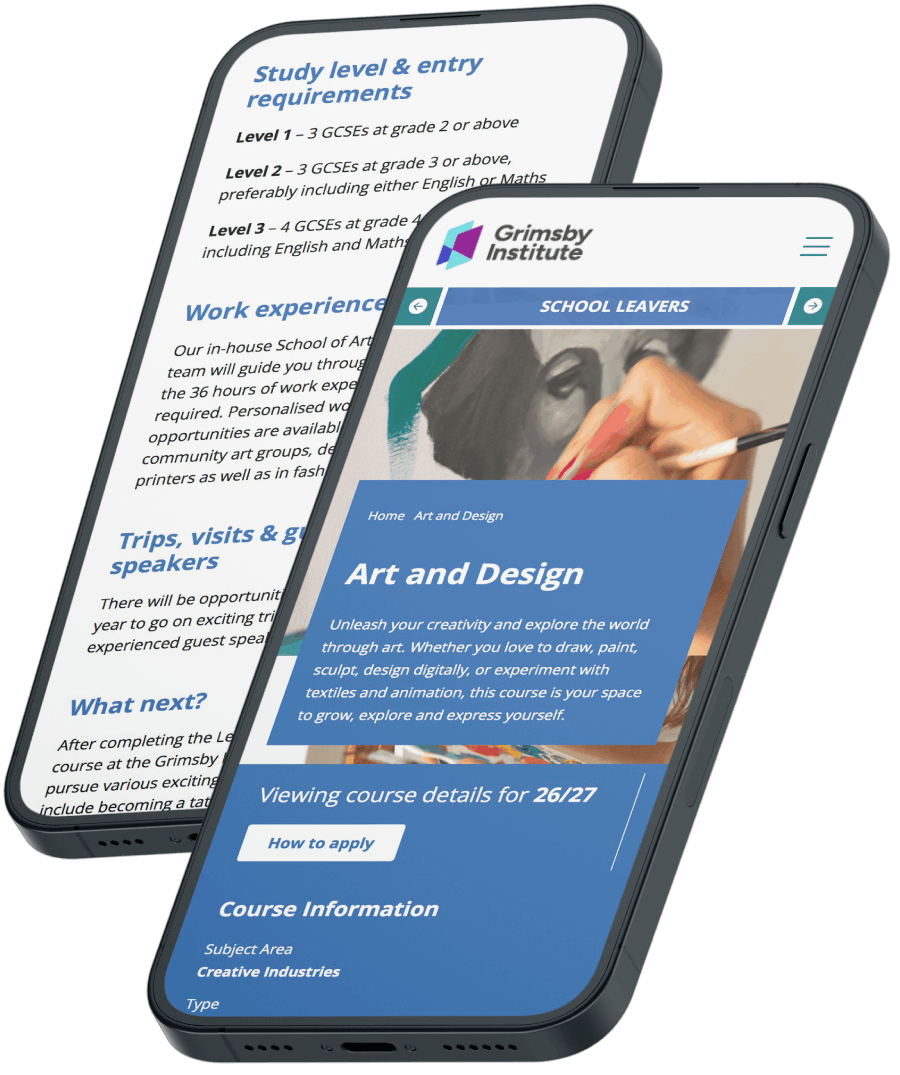 Grimsby Institute website being displayed on a phone