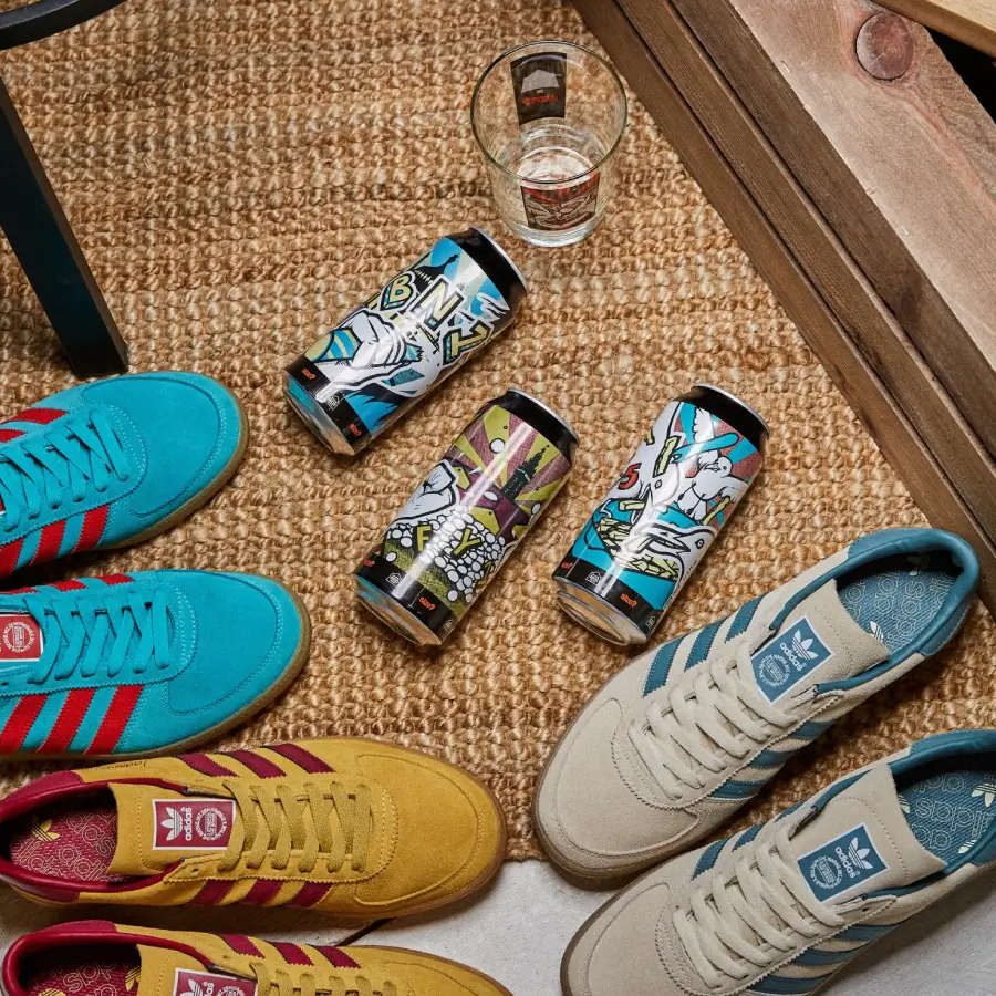 Docks beers & Adidas collab based on cleethorpes with themed Shoes, cans and a glass