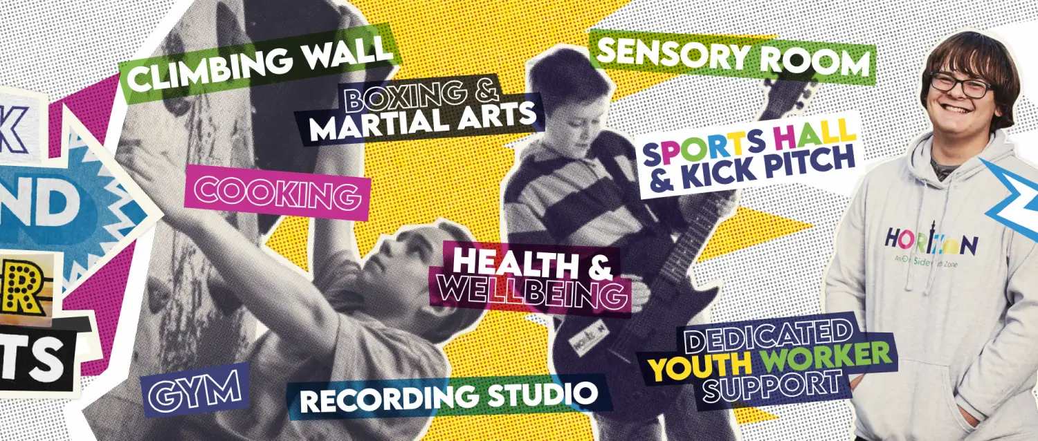 Kids at Horizon Youth Zone having fun on a banner