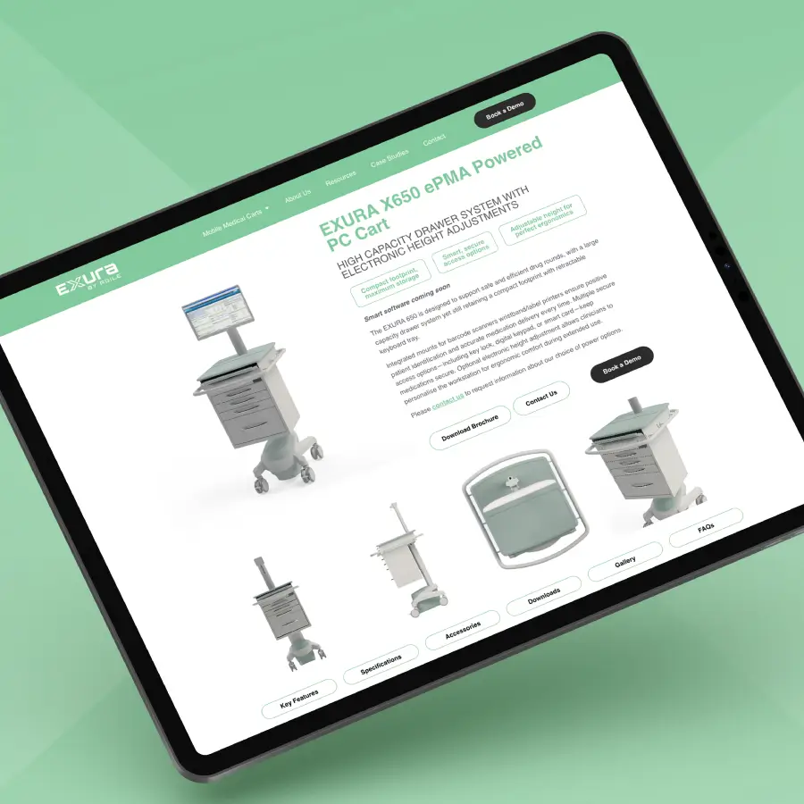 Exura website displayed on a tablet