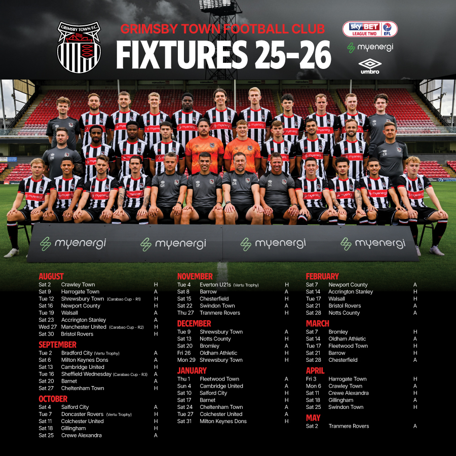Grimsby town fc poster showing the fixtures for the 25/26 season