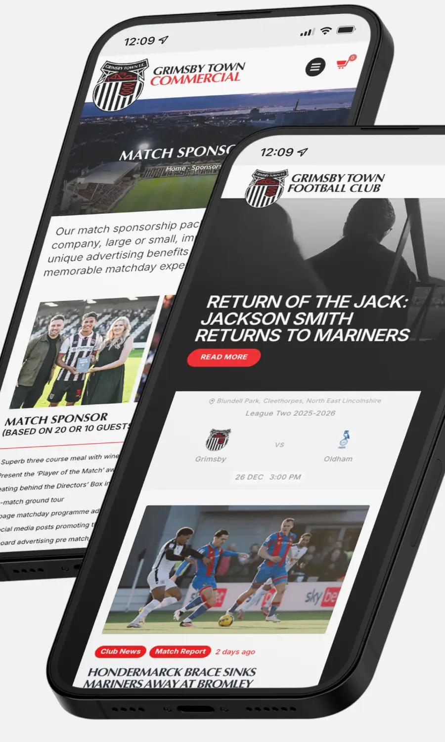 Grimsby town fc website displayed on a Phone