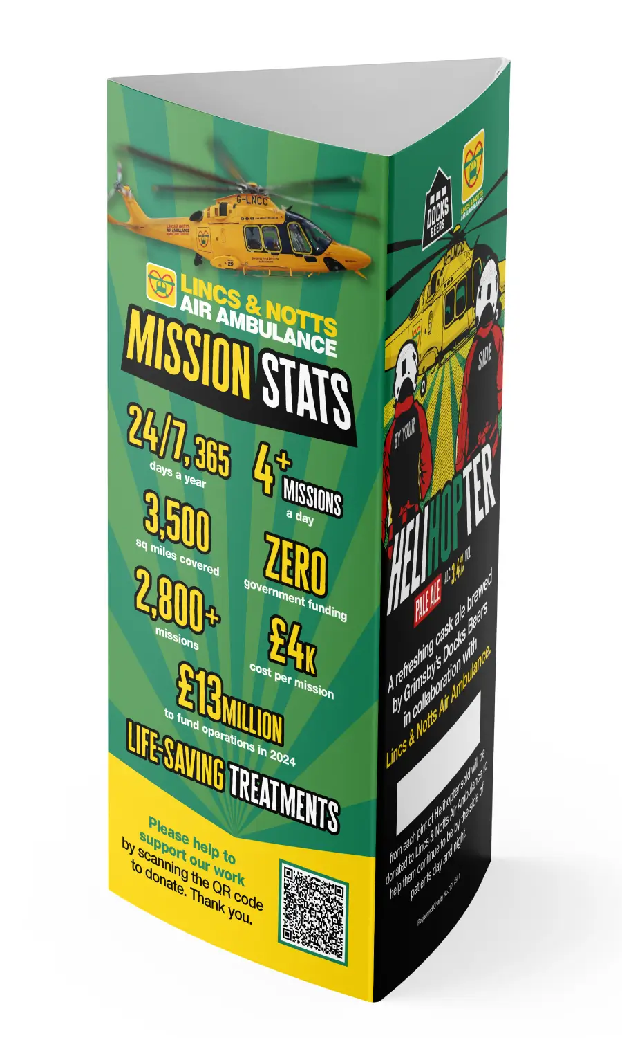 Table walker featuring stats about the Docks Beers & Lincs/Notts Air Ambulance collab beer called Helihopter