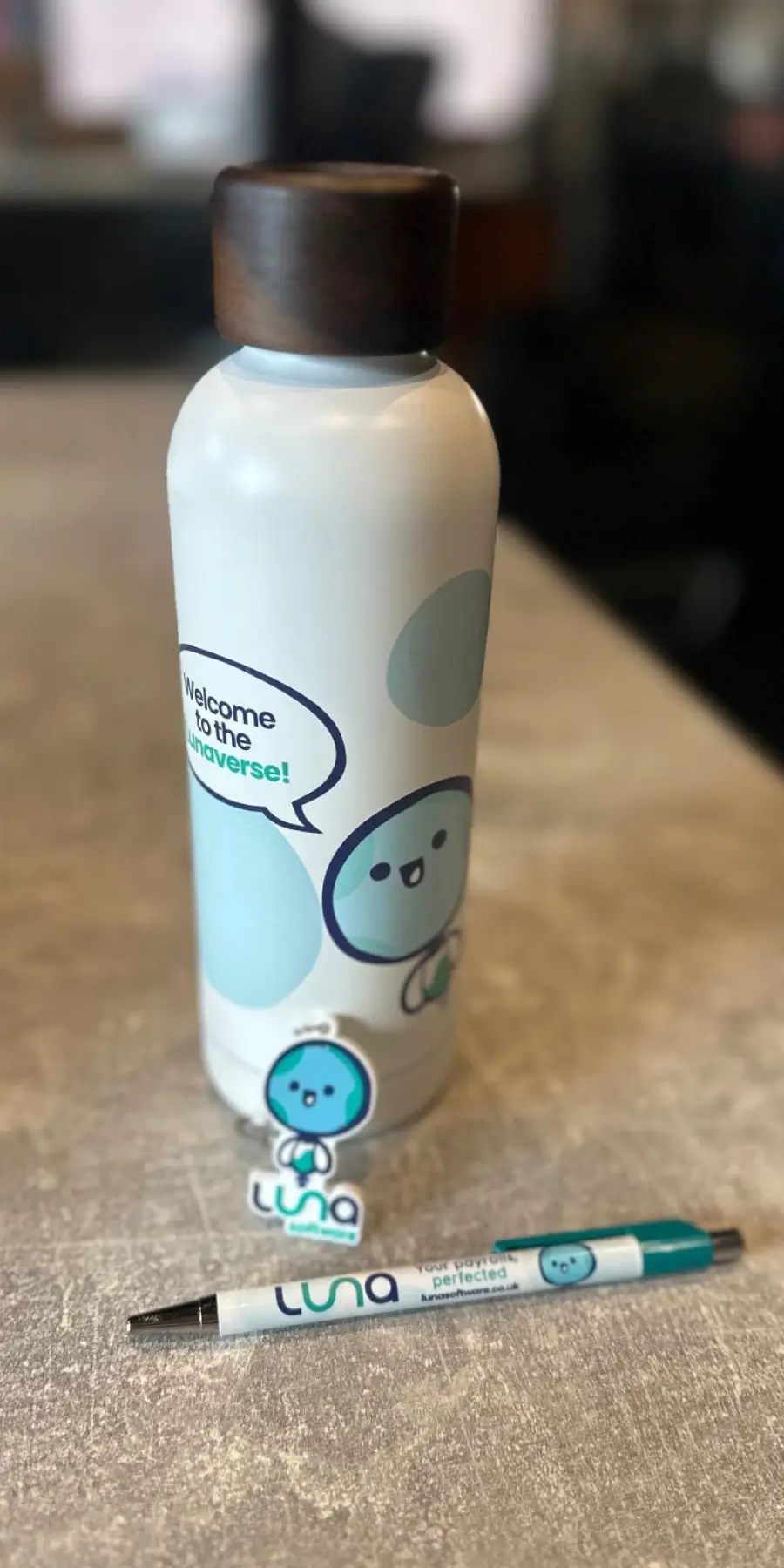 Luna-themed bottle on a table