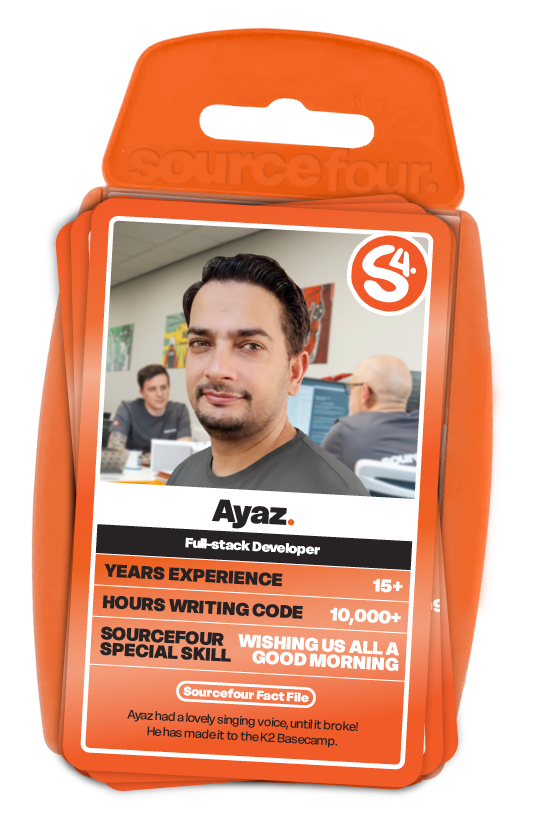 Sourcefour Top Trumps style card featuring full-stack developer Ayaz
