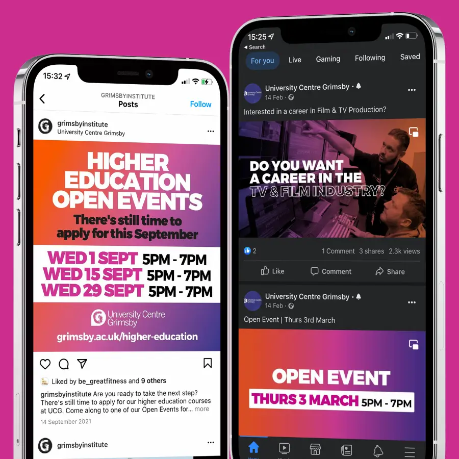 Grimsby Institute social media on display on a phone