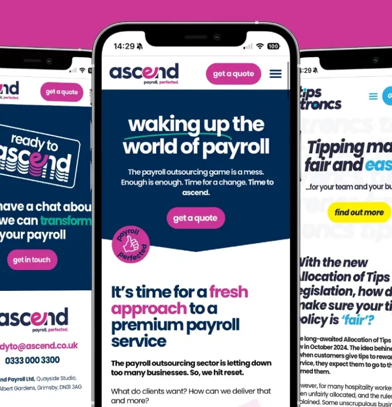 Ascend Payroll and Tips & Troncs website designed and developed by Sourcefour shown on a mobile phone