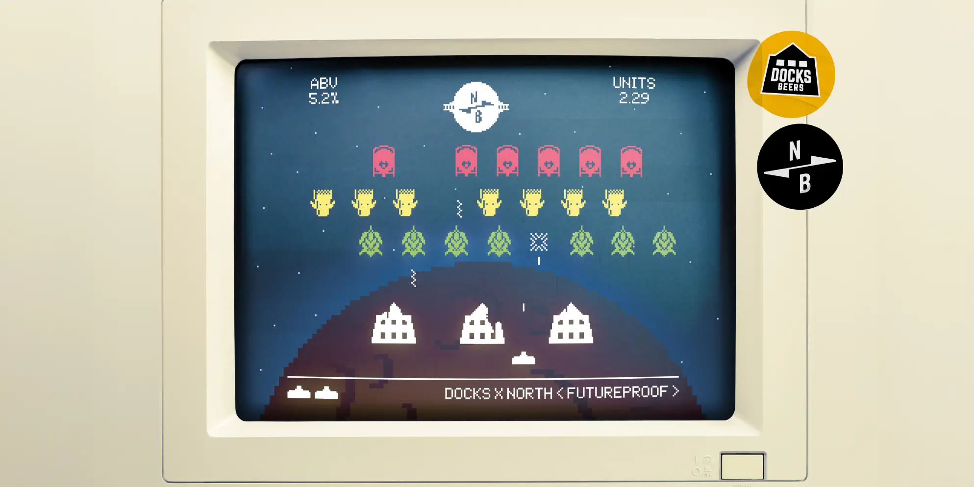 Docks Beers x North Brewing Co Space Invaders inspired can artwork
