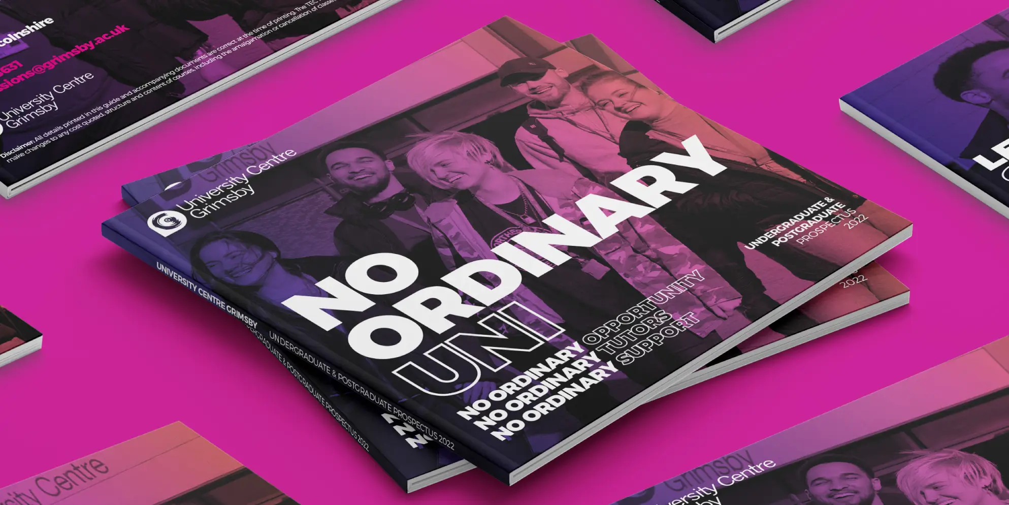 University Centre Grimsby (UCG / GIPHE) brochure shown on a pink background - 621x646px