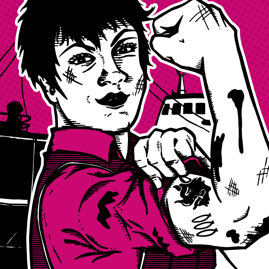 Docks beer illustation of a woman showing her Grimsby themed tattoos