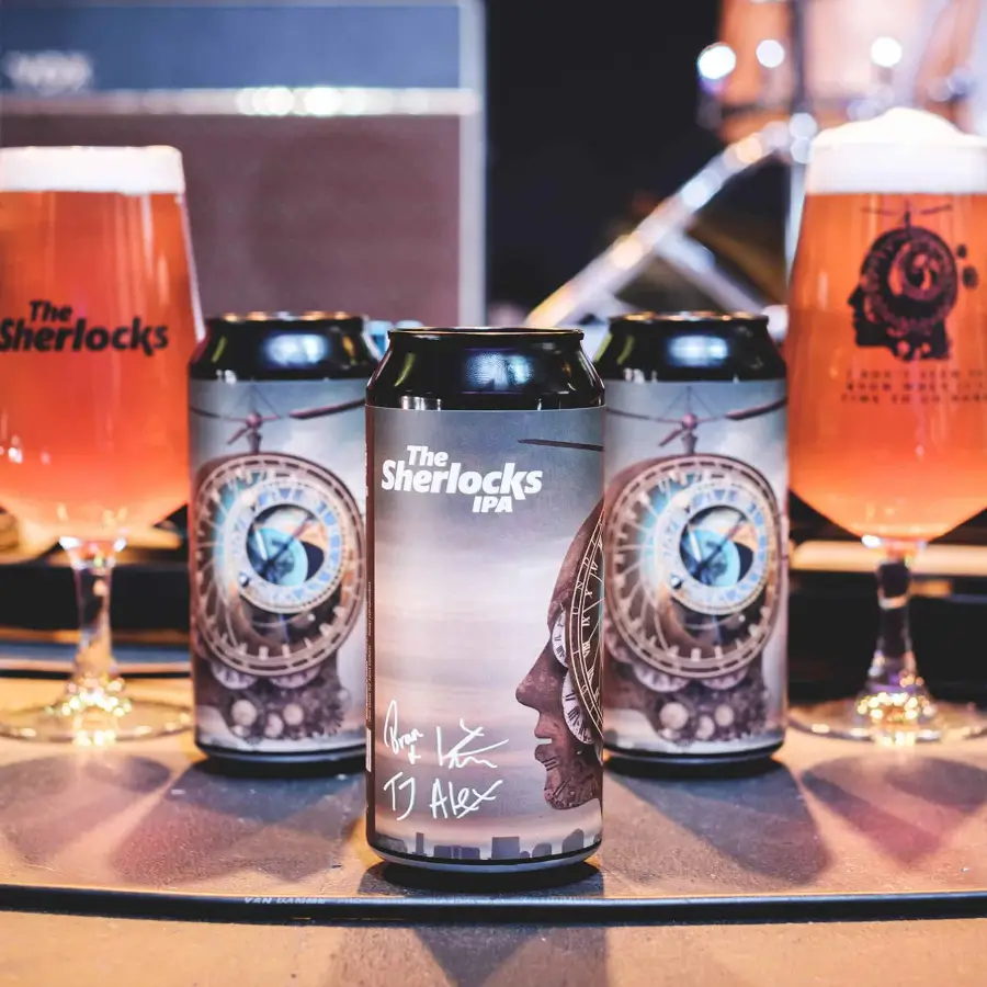 Docks beers, The sherlocks IPA collab with themed cans and glasses