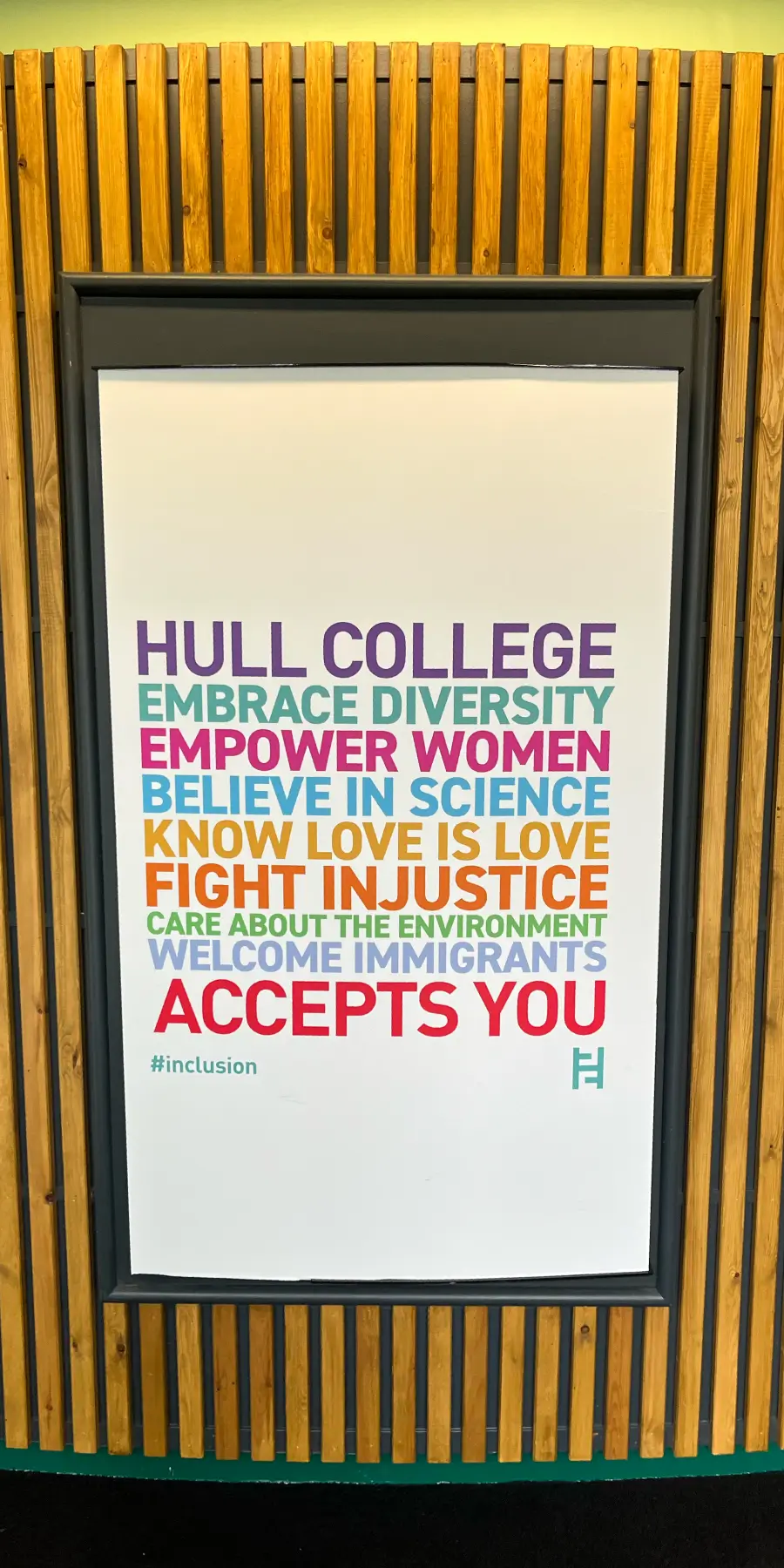 Hull College's diversity campaign on a wall inside the college