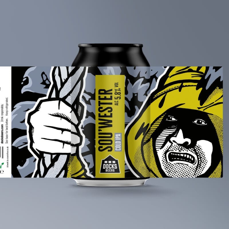 Docks Beers x Beer52 Sou'wester Cold IPA illustrated can artwork