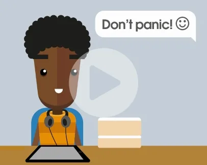 Illustrated cartoon character for Curious Minds animation sitting at a desk