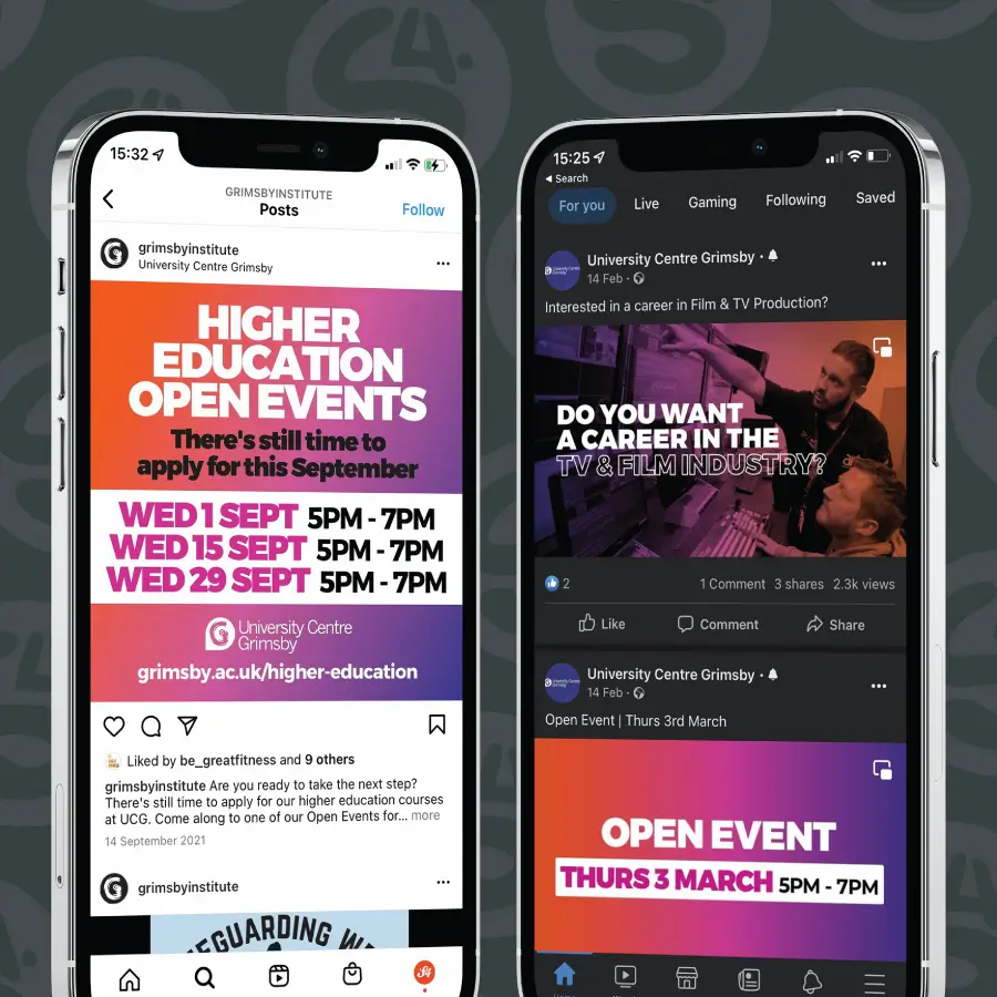 Social media posts from the Grimsby Institute displayed on a phone