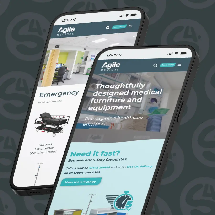 Smartphones showing screen captures of the Agile Medical website